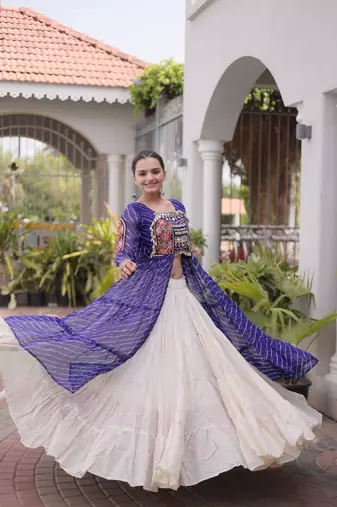 Violet&White Cotton Readymade Navratri Lehenga Choli with Leheriya & Patchework