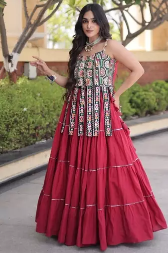Red Cotton Readymade Navratri Lehenga Choli with Kutchi & Patchework