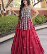 Red Cotton Readymade Navratri Lehenga Choli with Kutchi & Patchework