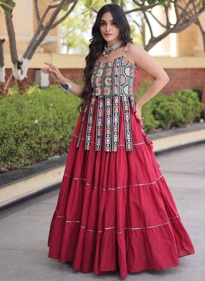 Red Cotton Readymade Navratri Lehenga Choli with Kutchi & Patchework