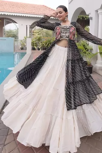 Black&White Cotton Readymade Navratri Lehenga Choli with Leheriya & Patchework