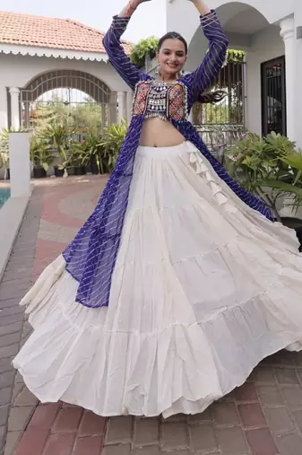 Violet&White Cotton Readymade Navratri Lehenga Choli with Leheriya & Patchework