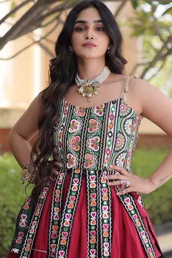 Red Cotton Readymade Navratri Lehenga Choli with Kutchi & Patchework