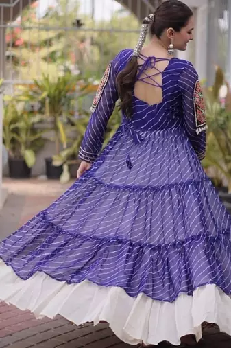 Violet&White Cotton Readymade Navratri Lehenga Choli with Leheriya & Patchework