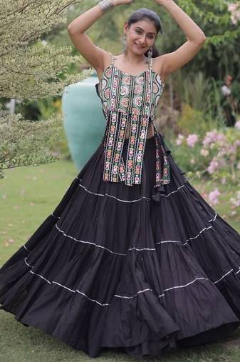 Black Cotton Readymade Navratri Lehenga Choli with Kutchi & Patchework
