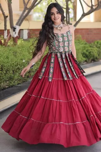 Red Cotton Readymade Navratri Lehenga Choli with Kutchi & Patchework