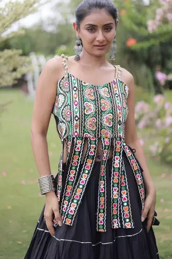 Black Cotton Readymade Navratri Lehenga Choli with Kutchi & Patchework