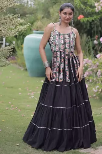 Black Cotton Readymade Navratri Lehenga Choli with Kutchi & Patchework
