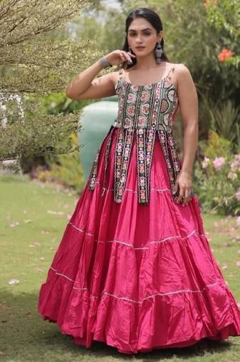 Pink Cotton Readymade Navratri Lehenga Choli with Kutchi & Patchework