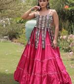 Pink Cotton Readymade Navratri Lehenga Choli with Kutchi & Patchework