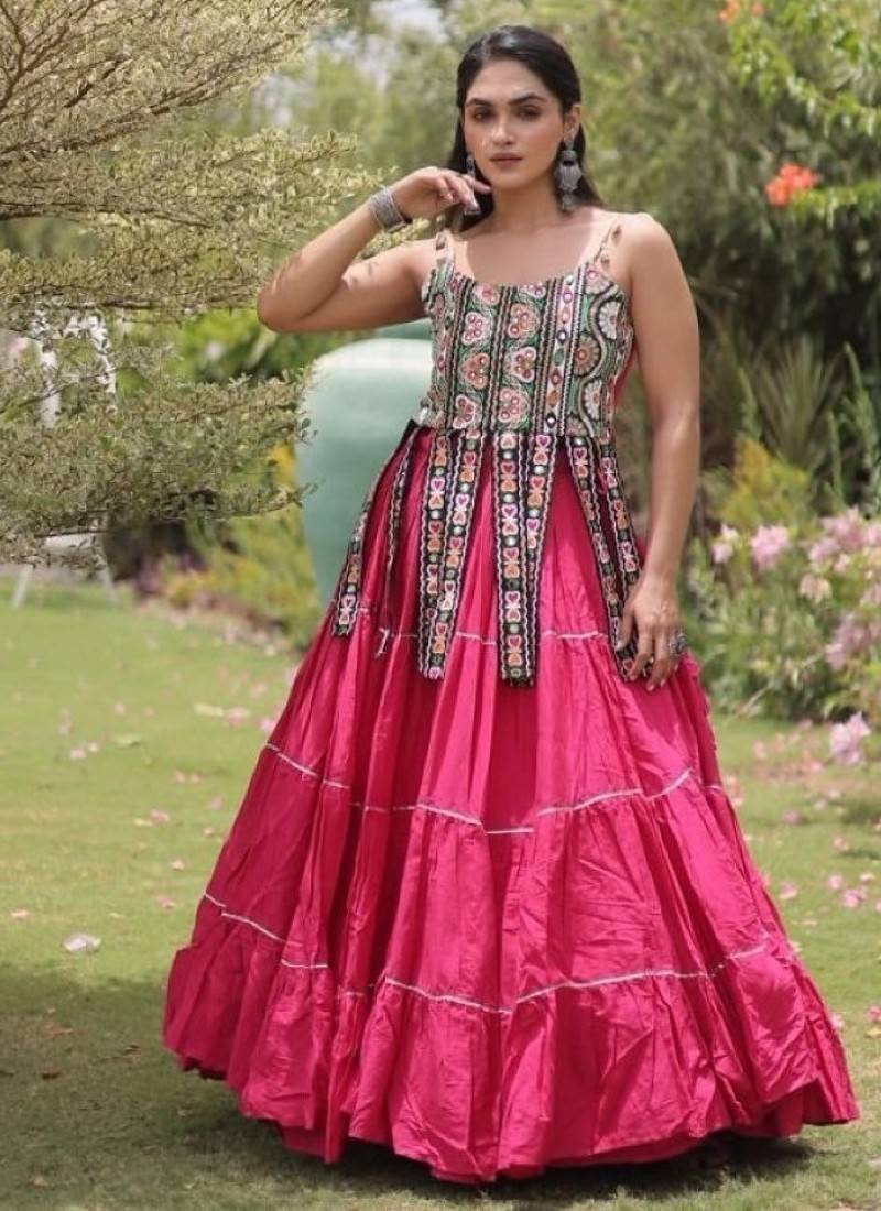 Pink Cotton Readymade Navratri Lehenga Choli with Kutchi & Patchework