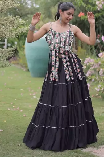 Black Cotton Readymade Navratri Lehenga Choli with Kutchi & Patchework