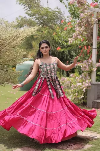 Pink Cotton Readymade Navratri Lehenga Choli with Kutchi & Patchework