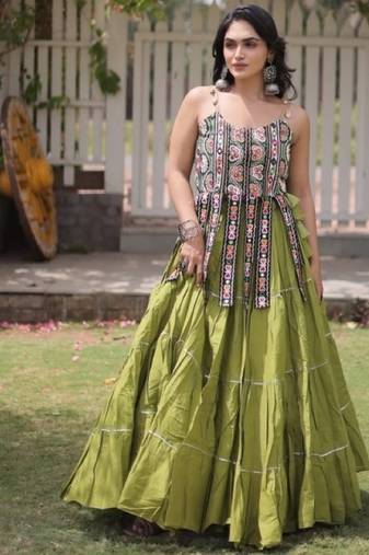 Green Cotton Readymade Navratri Lehenga Choli with Kutchi & Patchework