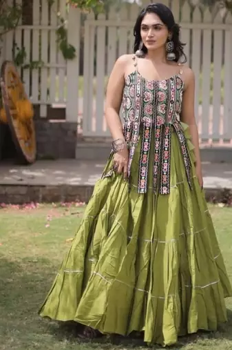 Green Cotton Readymade Navratri Lehenga Choli with Kutchi & Patchework