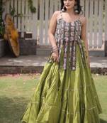 Green Cotton Readymade Navratri Lehenga Choli with Kutchi & Patchework