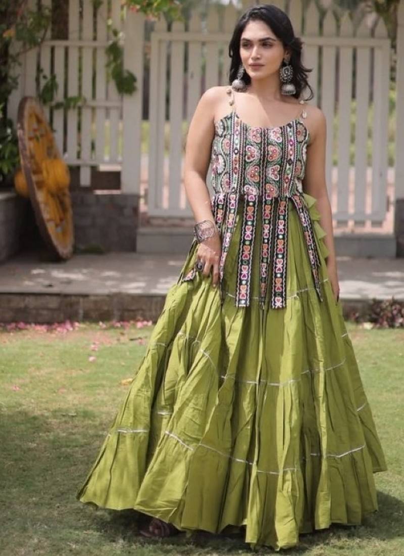 Green Cotton Readymade Navratri Lehenga Choli with Kutchi & Patchework