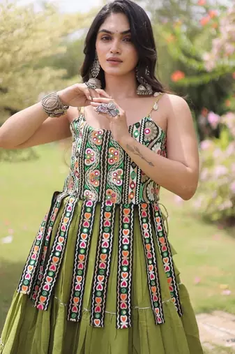 Green Cotton Readymade Navratri Lehenga Choli with Kutchi & Patchework