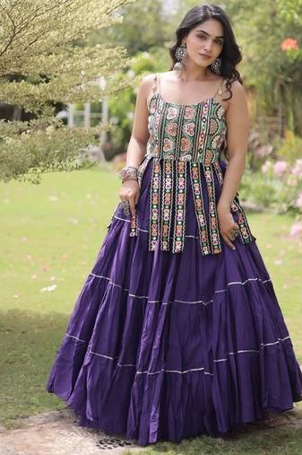 Violet Cotton Readymade Navratri Lehenga Choli with Kutchi & Patchework