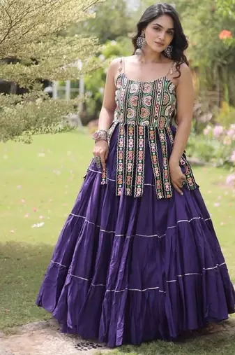 Violet Cotton Readymade Navratri Lehenga Choli with Kutchi & Patchework