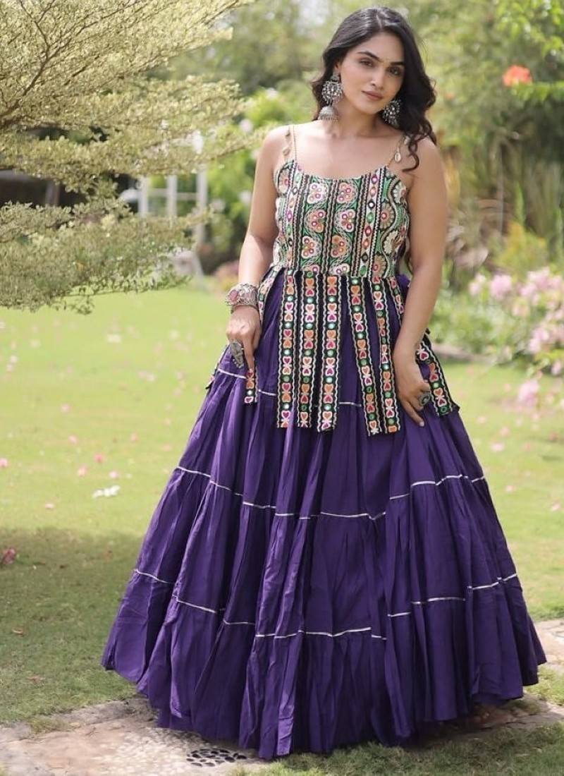 Violet Cotton Readymade Navratri Lehenga Choli with Kutchi & Patchework