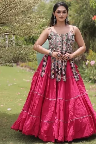 Pink Cotton Readymade Navratri Lehenga Choli with Kutchi & Patchework