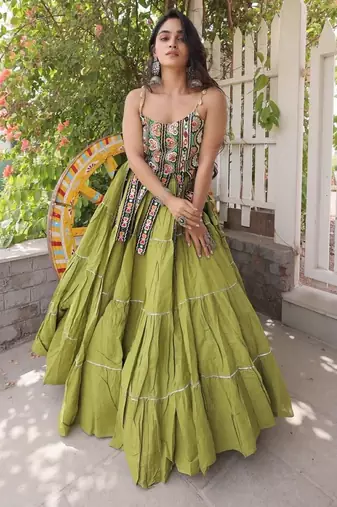 Green Cotton Readymade Navratri Lehenga Choli with Kutchi & Patchework