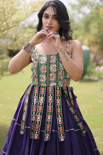 Violet Cotton Readymade Navratri Lehenga Choli with Kutchi & Patchework