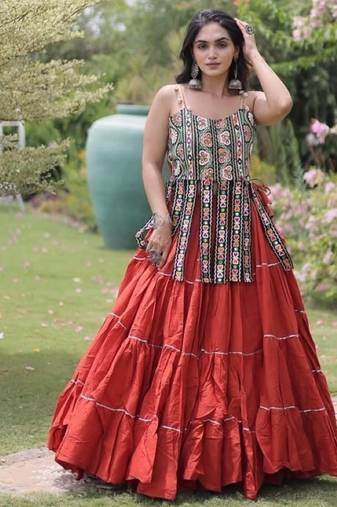 Rust Cotton Readymade Navratri Lehenga Choli with Kutchi & Patchework