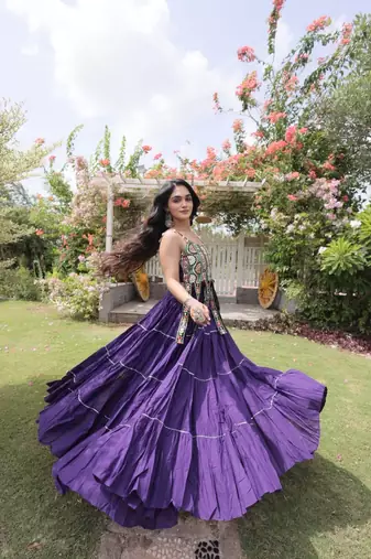 Violet Cotton Readymade Navratri Lehenga Choli with Kutchi & Patchework