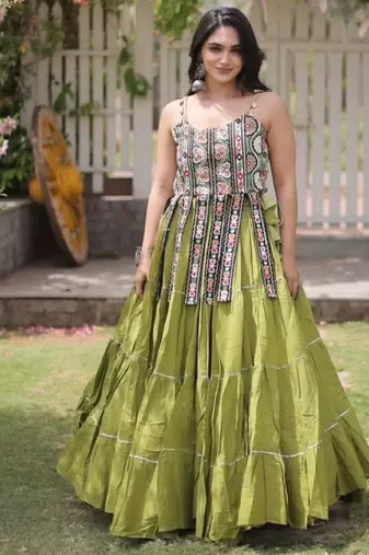 Green Cotton Readymade Navratri Lehenga Choli with Kutchi & Patchework