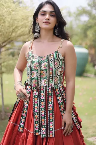 Rust Cotton Readymade Navratri Lehenga Choli with Kutchi & Patchework