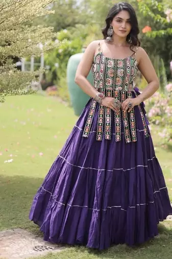 Violet Cotton Readymade Navratri Lehenga Choli with Kutchi & Patchework
