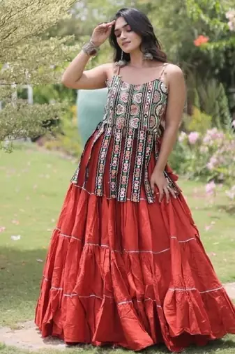 Rust Cotton Readymade Navratri Lehenga Choli with Kutchi & Patchework
