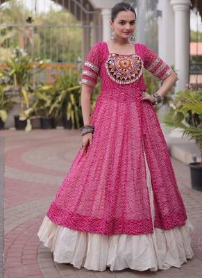 Rani&White Cotton Readymade Navratri Lehenga Choli with Bandhej & Patchework 1