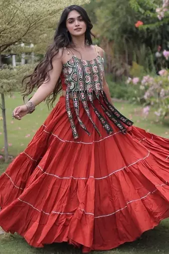 Rust Cotton Readymade Navratri Lehenga Choli with Kutchi & Patchework