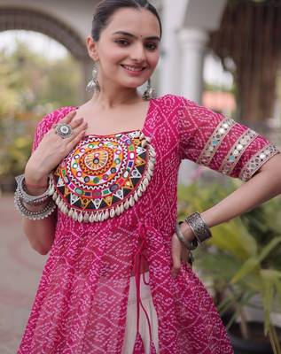 Rani&White Cotton Readymade Navratri Lehenga Choli with Bandhej & Patchework 2