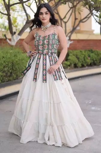 White Cotton Readymade Navratri Lehenga Choli with Kutchi & Patchework