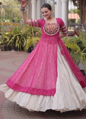 Rani&White Cotton Readymade Navratri Lehenga Choli with Bandhej & Patchework 3