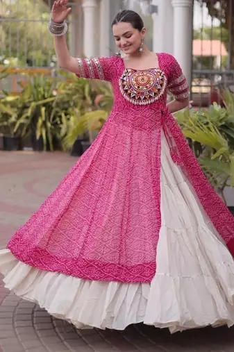 Rani&White Cotton Readymade Navratri Lehenga Choli with Bandhej & Patchework