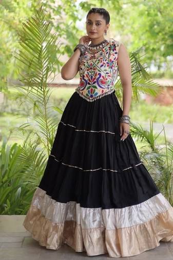 Black Rayon Readymade Navratri Lehenga Choli with Kutchi Work