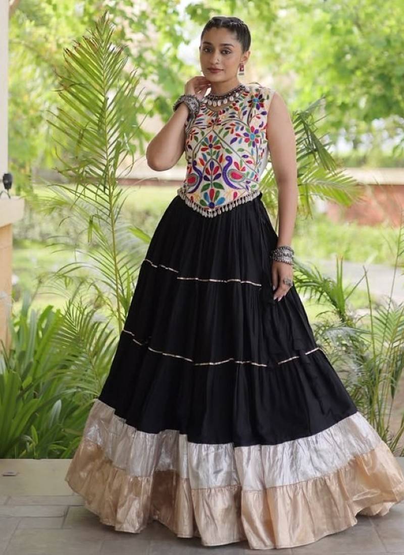 Black Rayon Readymade Navratri Lehenga Choli with Kutchi Work