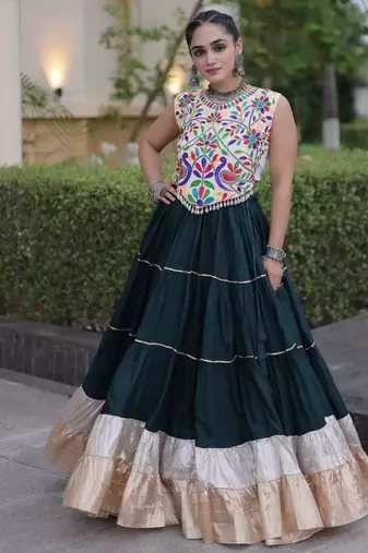 D Green Rayon Readymade Navratri Lehenga Choli with Kutchi Work