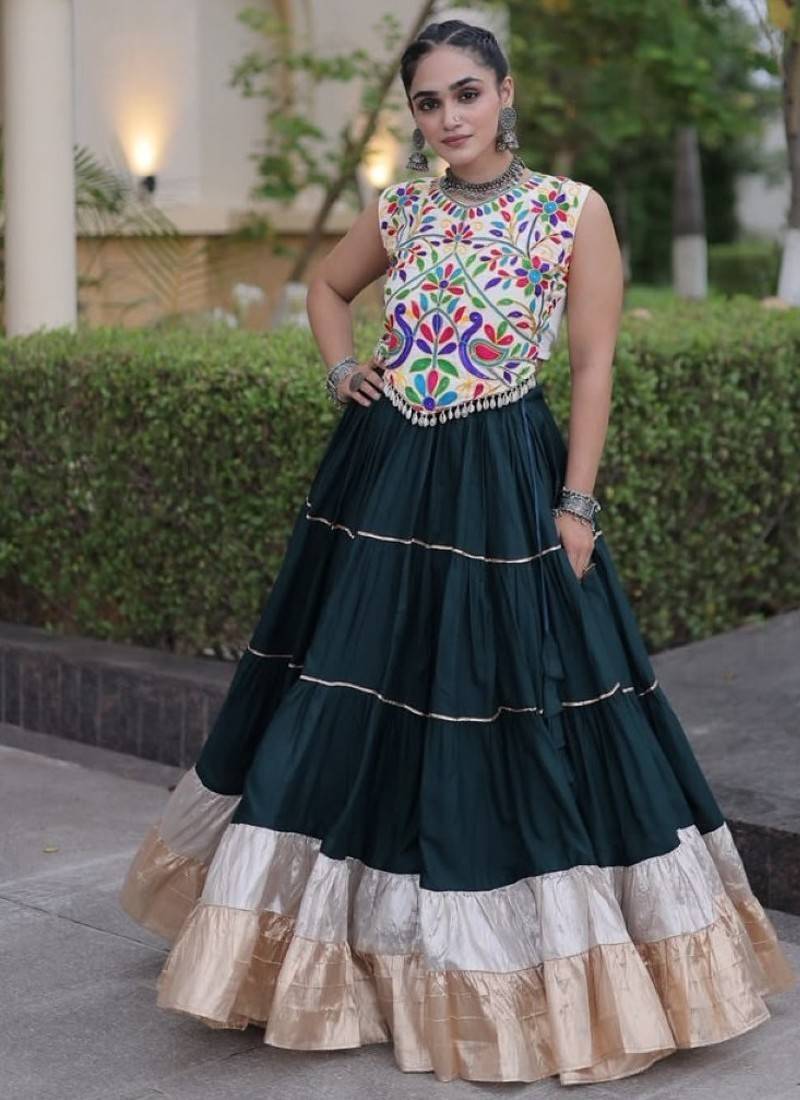 D Green Rayon Readymade Navratri Lehenga Choli with Kutchi Work