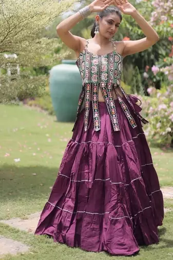 Purple Cotton Readymade Navratri Lehenga Choli with Kutchi & Patchework