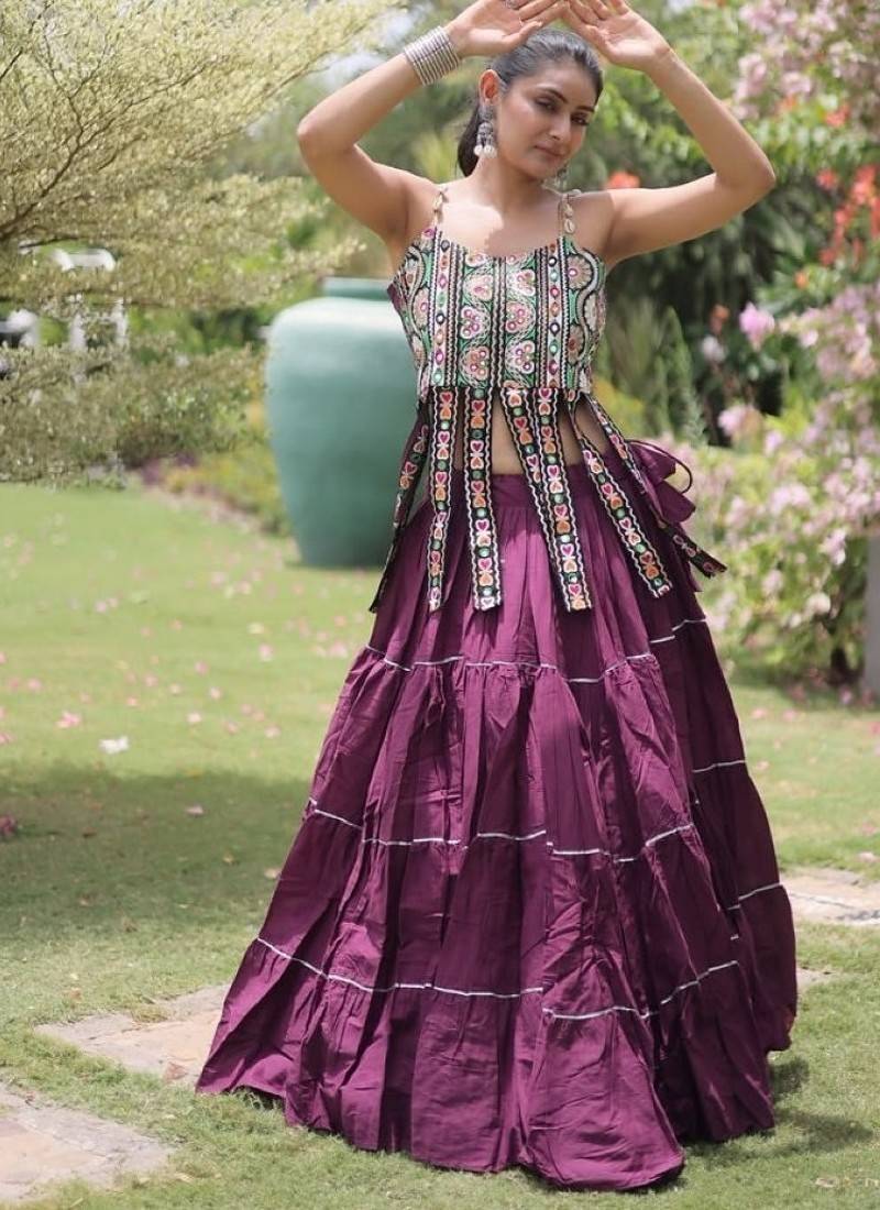 Purple Cotton Readymade Navratri Lehenga Choli with Kutchi & Patchework