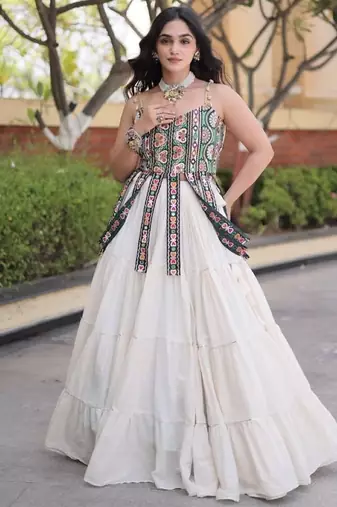 White Cotton Readymade Navratri Lehenga Choli with Kutchi & Patchework