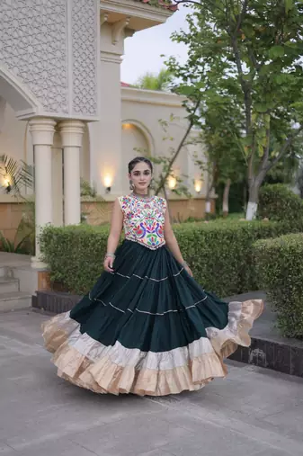 D Green Rayon Readymade Navratri Lehenga Choli with Kutchi Work