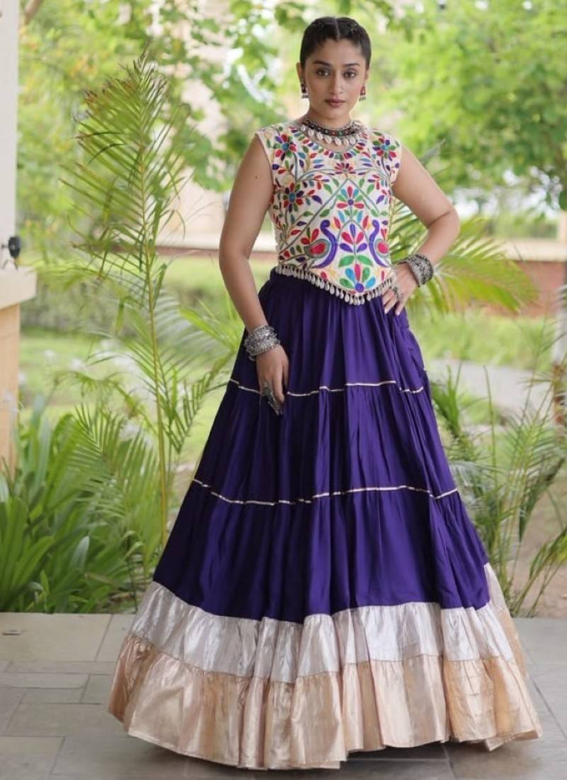 Violet Rayon Readymade Navratri Lehenga Choli with Kutchi Work