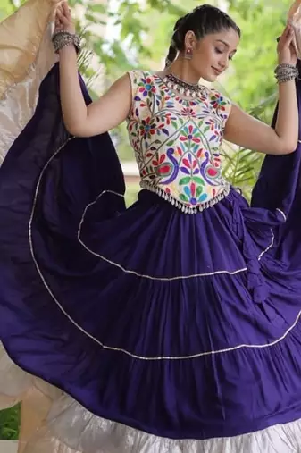 Violet Rayon Readymade Navratri Lehenga Choli with Kutchi Work